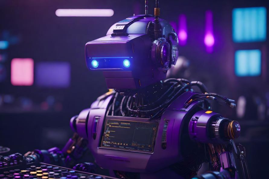 Purple realistic robot with keyboard