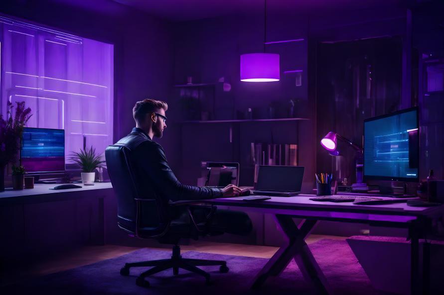 Man seated, looking at computer monitor while working from home.